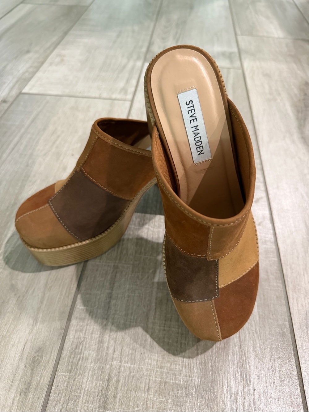 Steve Madden Patchwork Suede Mules in Multi Brown Tones - Picture 2 of 6